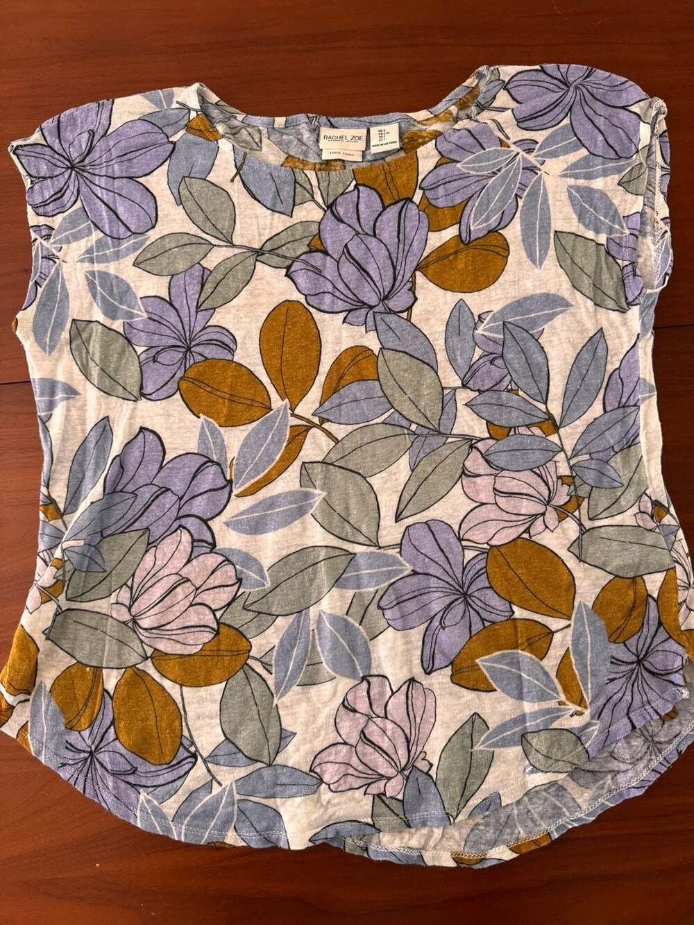 Rachel Zoe 100% Linen Tunic Floral/Leaf High/Low Round Hem Top Large Lightweight